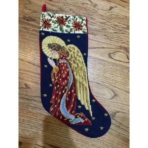 Needlepoint Christmas Stocking  Praying Angel with‎ Golden Wings Red Robe Wool